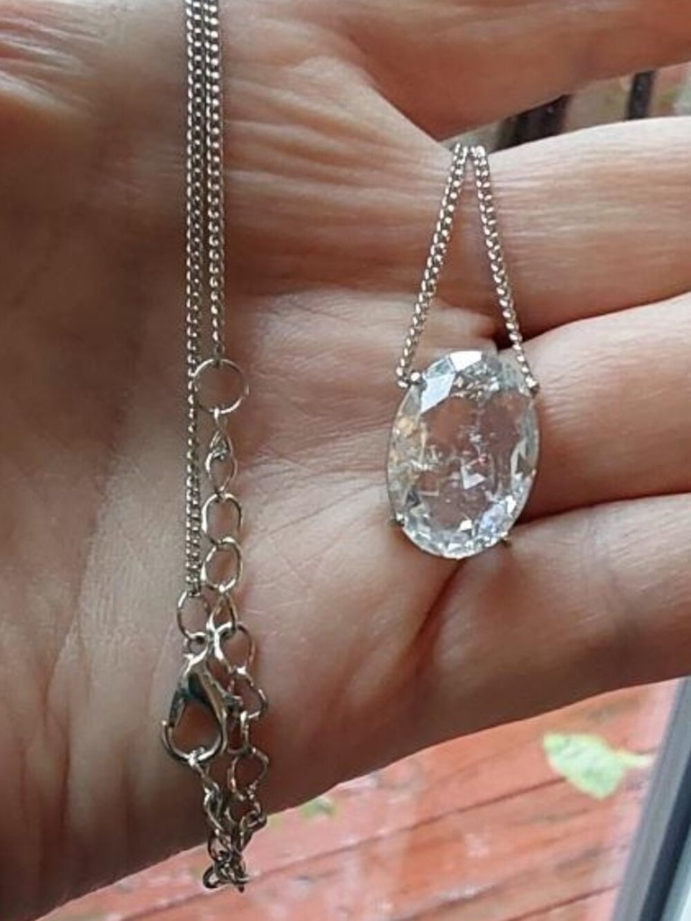 Delicate Silver-Tone Chain Necklace with Solitaire Glass Pendant